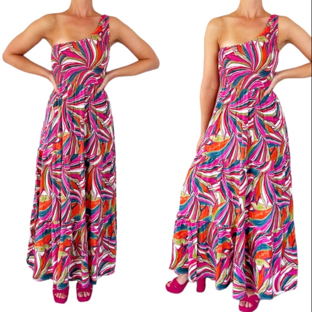 Abel the Label colorful pink tropical one shoulder maxi dress size small